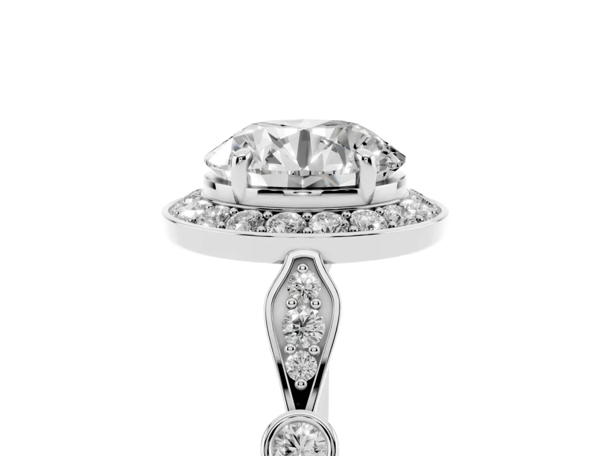 Round Cut Halo Diamond Engagement Ring with Twisted Band and Four-Prong Setting White gold