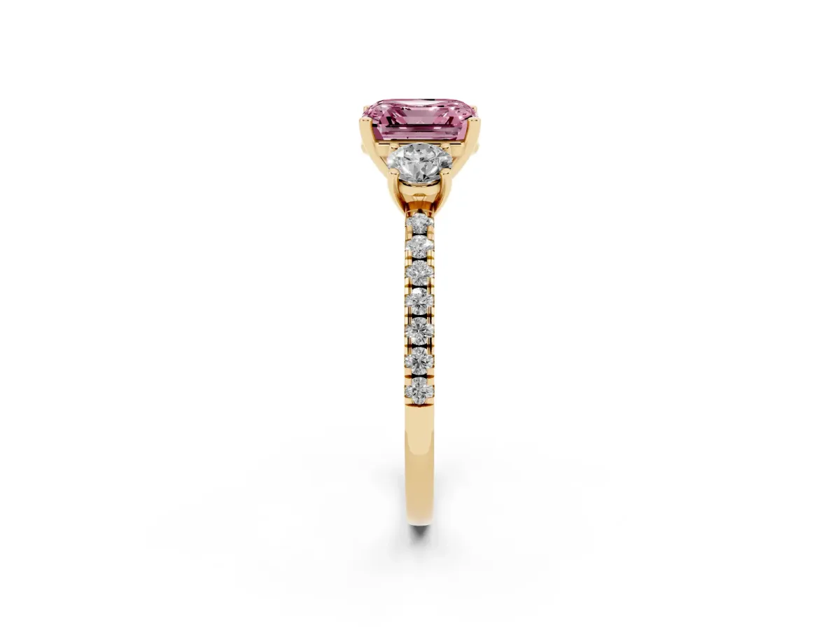 Fancy Pink Three-Stone Asscher Cut Cut Diamond Pavé Band with Prong Setting Yellow gold