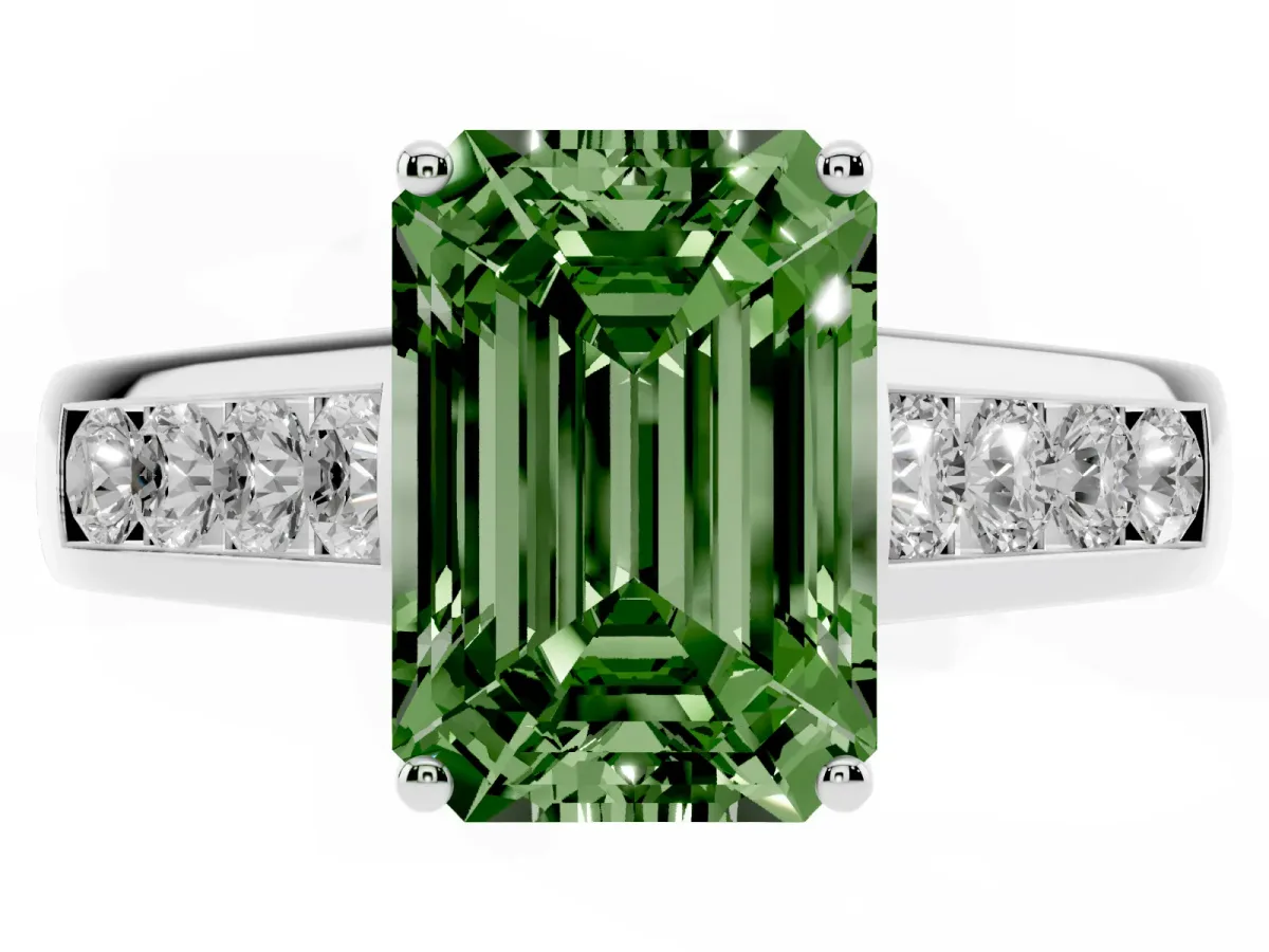 Fancy Green Emerald Cut Brilliant Channel-Set Solitaire Ring with Four-Prong Setting White gold