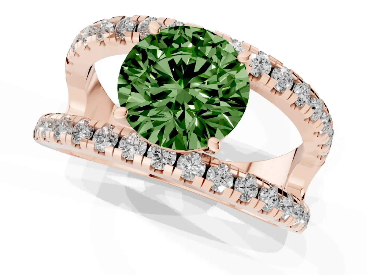 Fancy Green Round Cut Solitaire Split Shank Pave Diamond Ring Rose gold