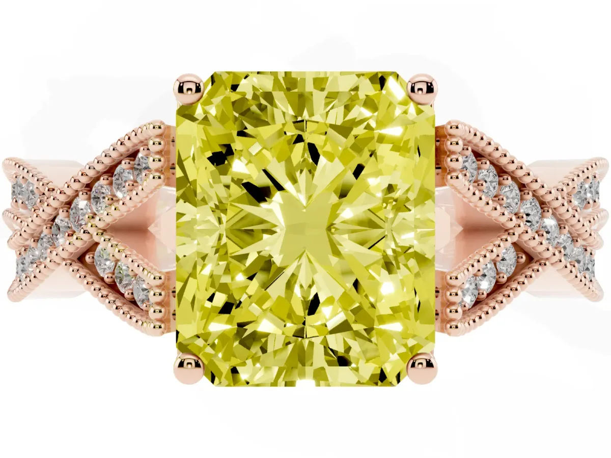Fancy Yellow Radiant Cut Cut Diamond Twisted Band with Milgrain Pave Setting and Four-Prong Setting Rose gold