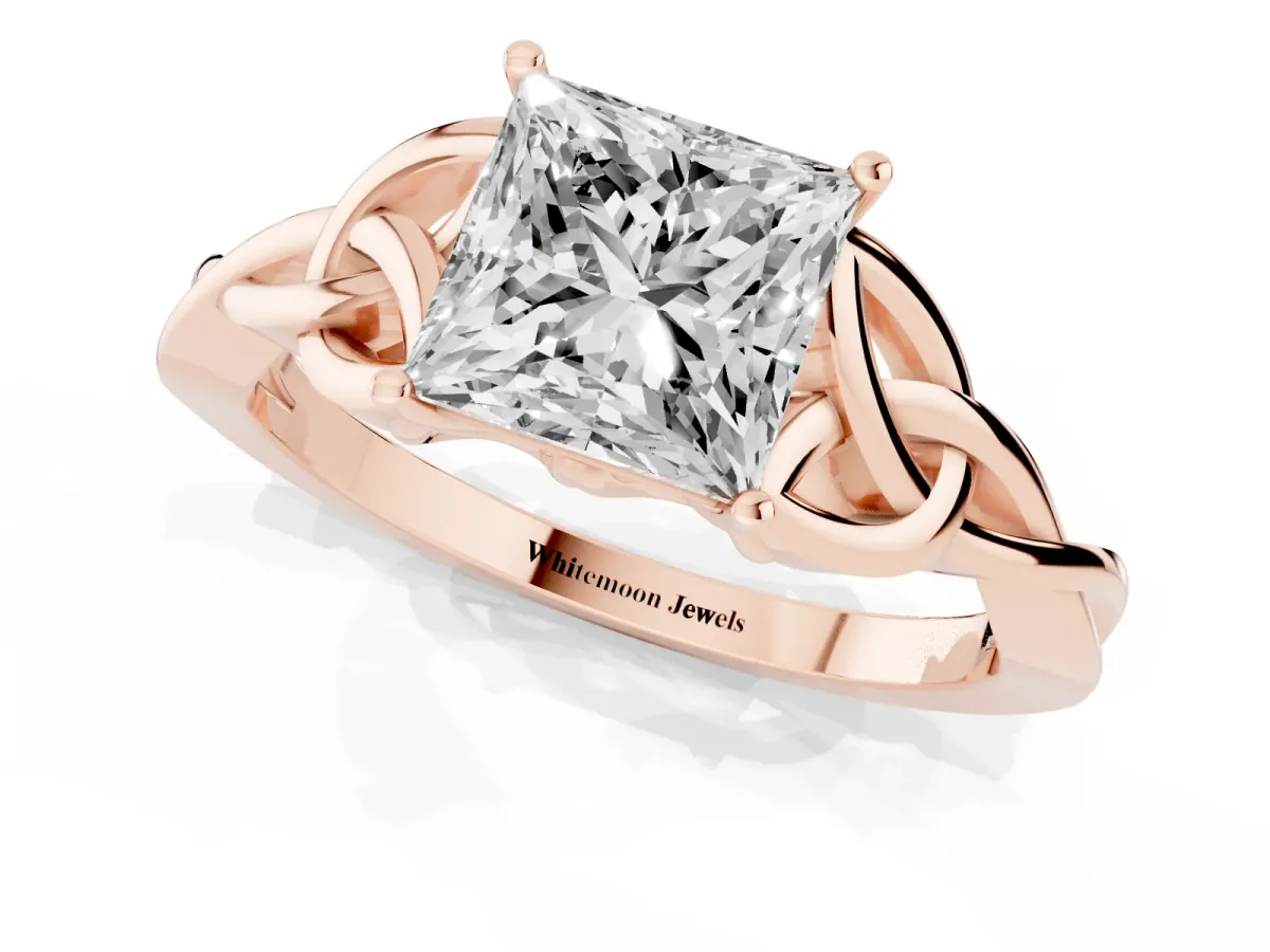 Princess Cut Diamond Solitaire Engagement Ring with Celtic Knot Band and Four-Prong Setting Rose gold