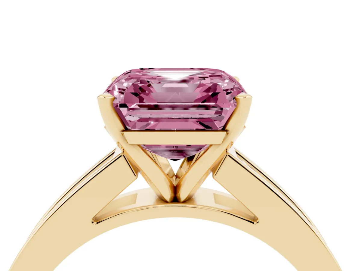 Fancy Pink Asscher Cut Solitaire Diamond Ring with Channel-Set Band and Four-Prong Setting Yellow gold