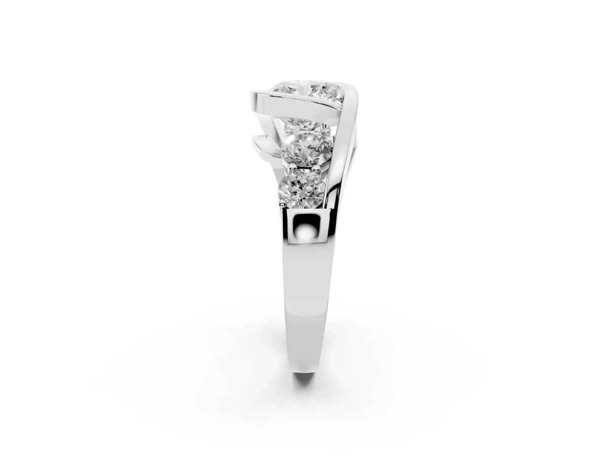 Bezel Set Cushion Cut Diamond Bypass Ring with Round Accents Silver