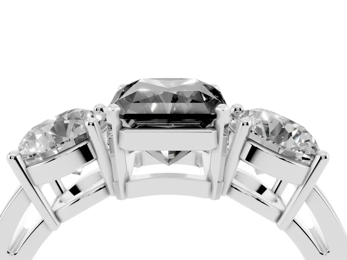 Fancy Black Three-Stone Radiant Cut Diamond Ring with Round Side Stones, Classic Band, and Four-Prong Setting Platinum