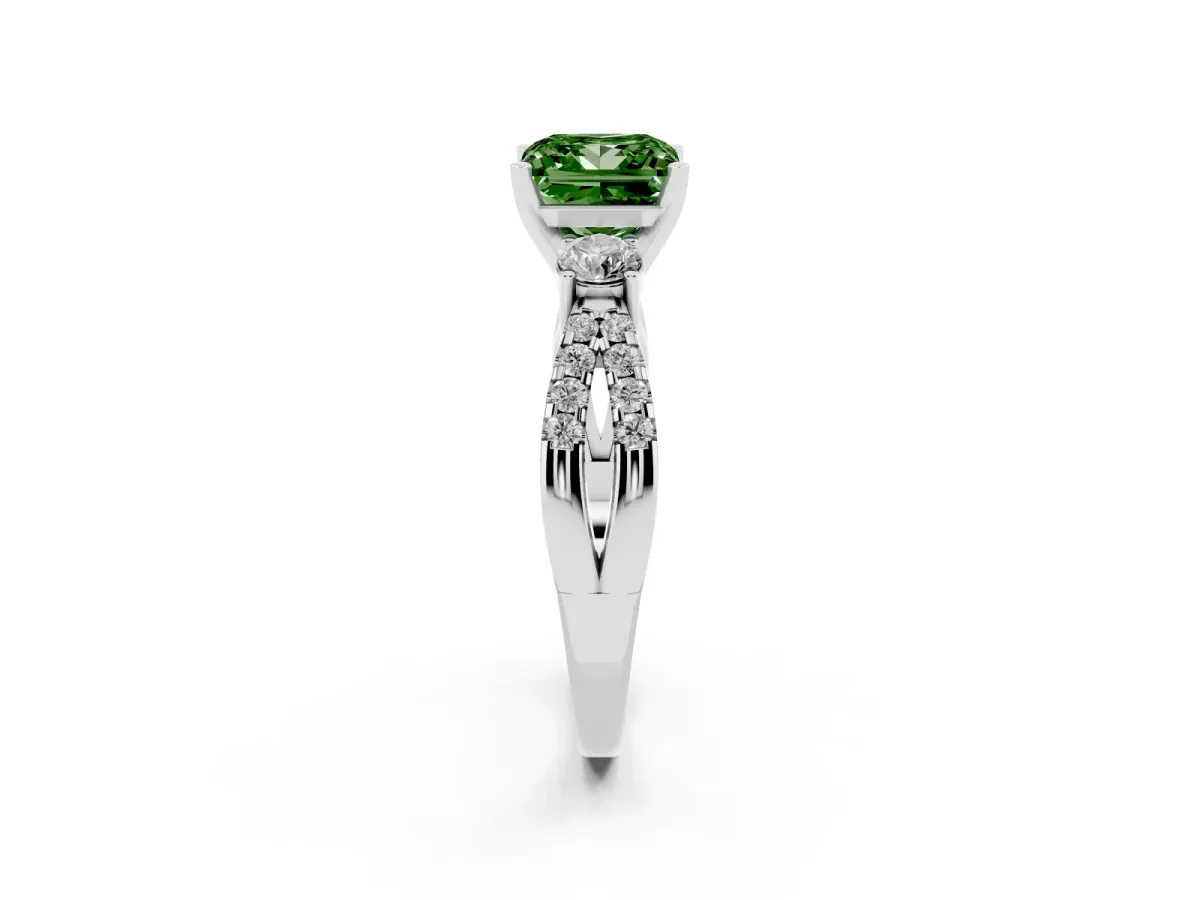 Fancy Green Princess Cut Diamond Three-Stone Ring with Pavé Split Shank and Four-Prong Setting Platinum