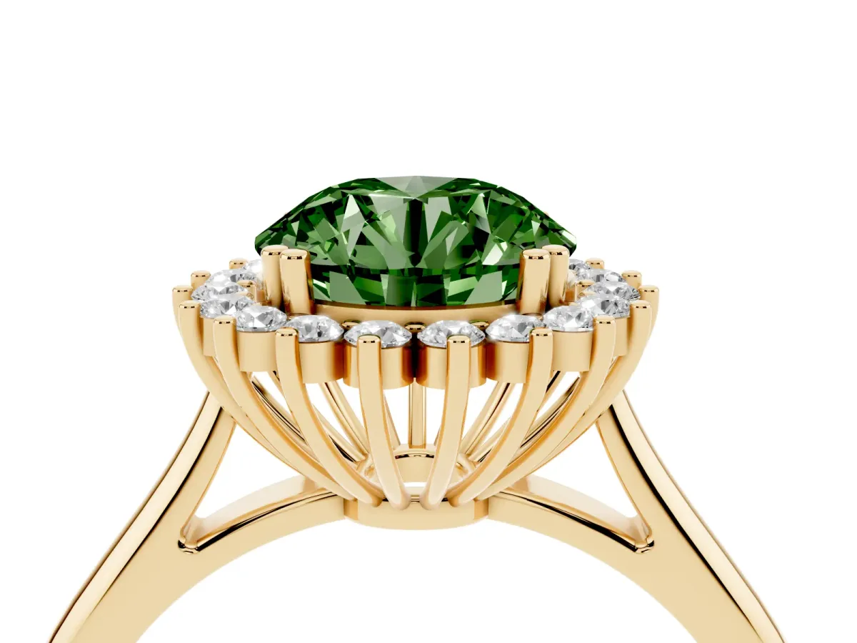 Fancy Green Round Cut Cut Diamond Halo Ring with Solitaire Band and Prong Setting Yellow gold