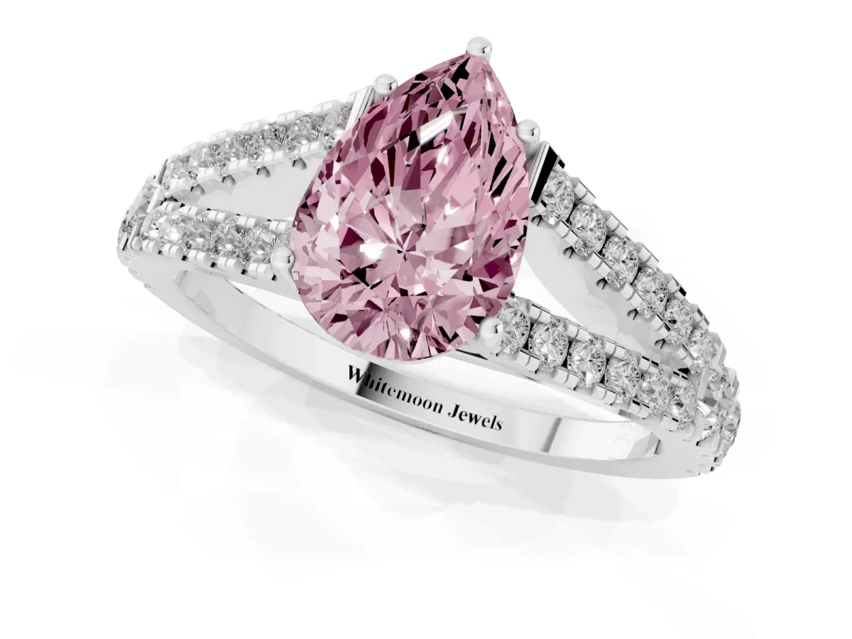 Fancy Pink Pear Cut Diamond Split Shank Pavé Engagement Ring with Four-Prong Setting White gold