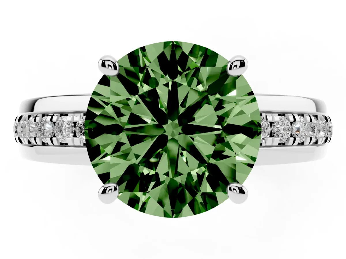 Fancy Green Round Cut Solitaire Diamond Ring with Channel Set Band and Six-Prong Setting Silver
