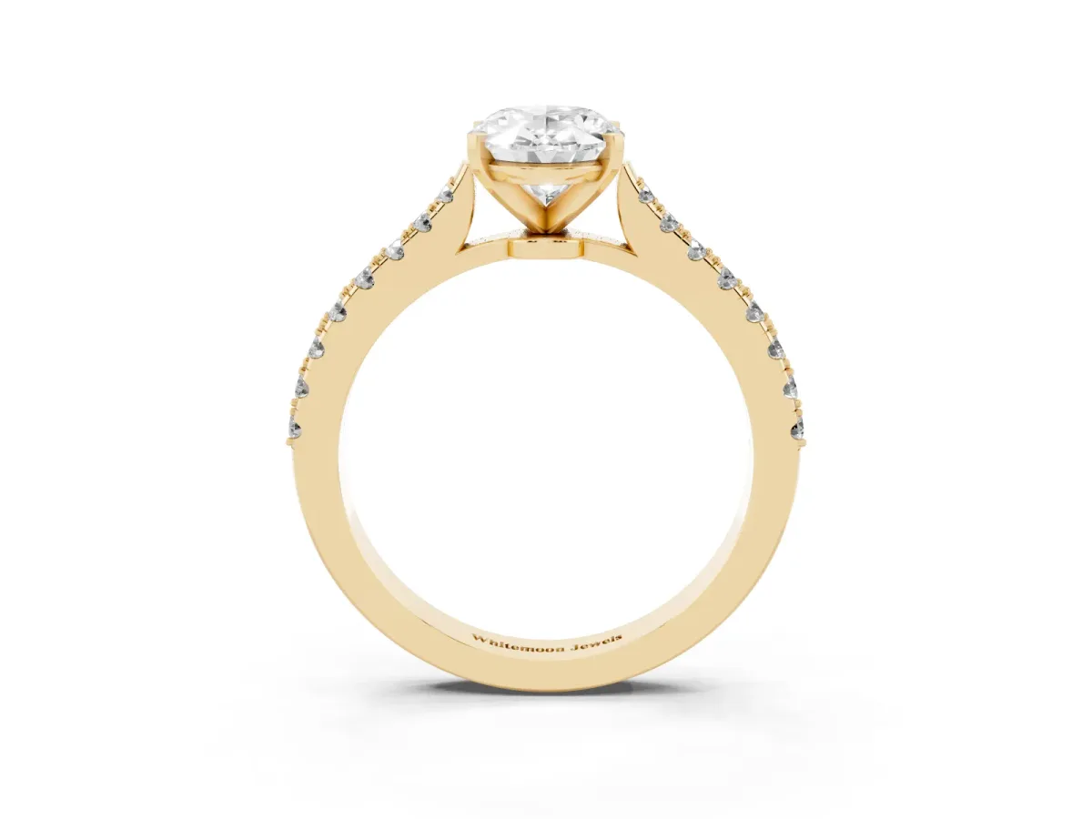 Oval Cut Cut Solitaire Diamond Engagement Ring with Pave Band and Four-Prong Setting Yellow gold