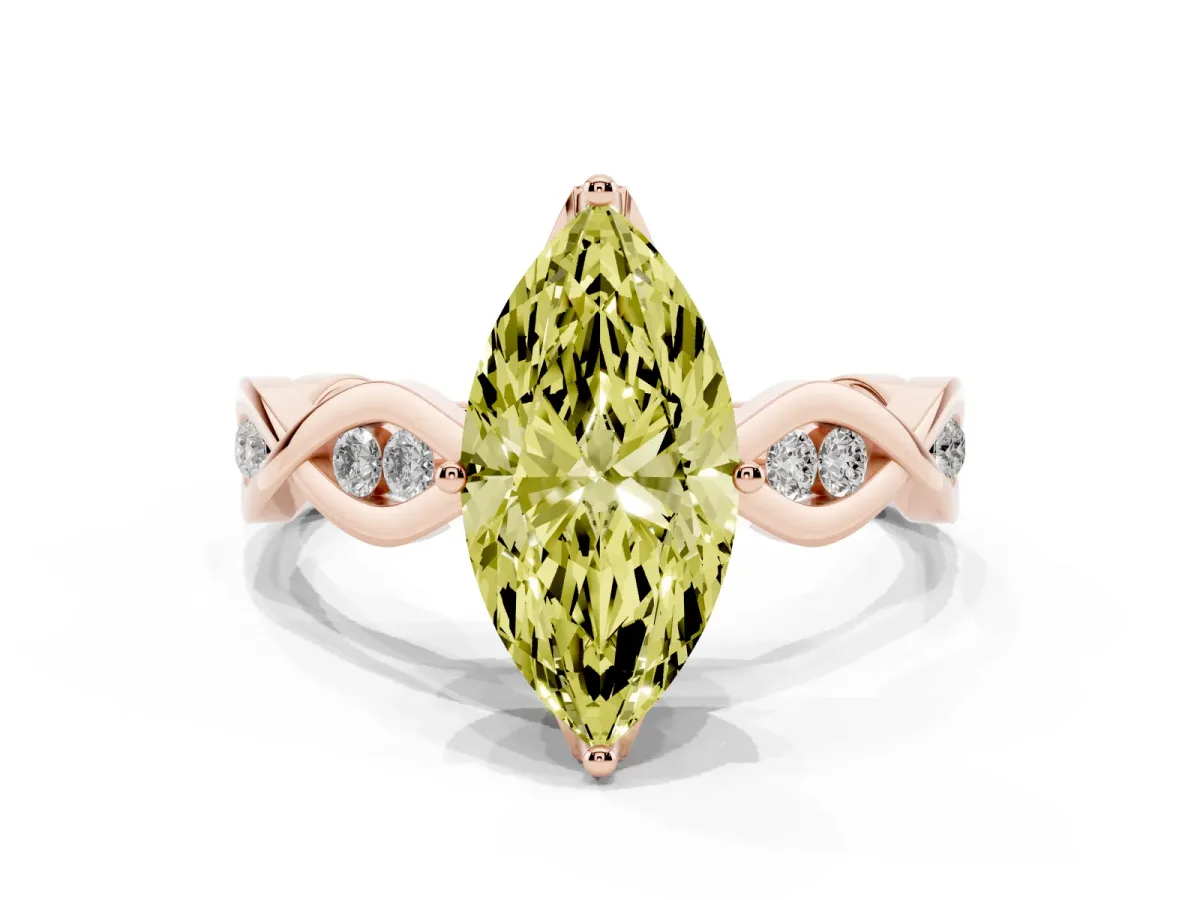 Fancy Yellow Marquise Cut Solitaire Twist Band with Leaf Prong Setting Rose gold