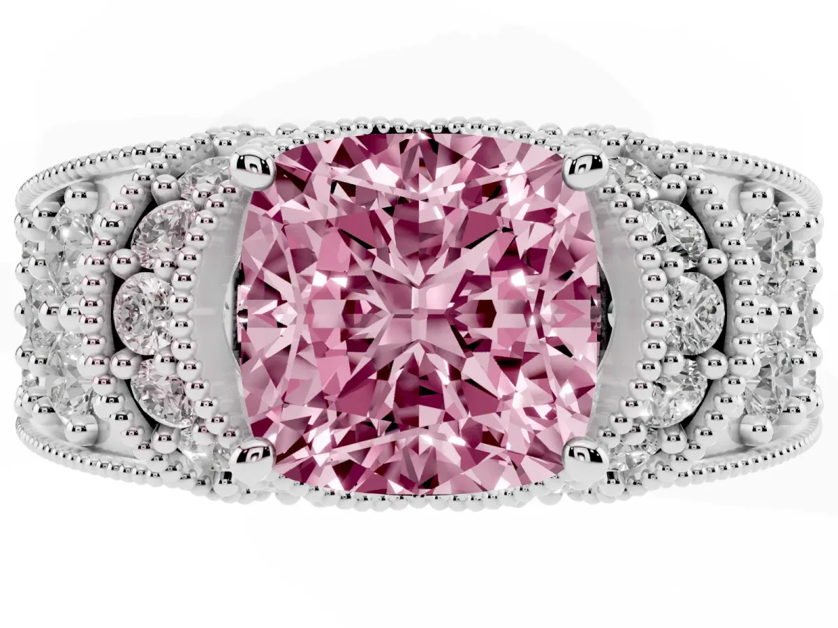 Fancy Pink Cushion Cut Halo Pave Diamond Engagement Ring with Milgrain Detailing Silver