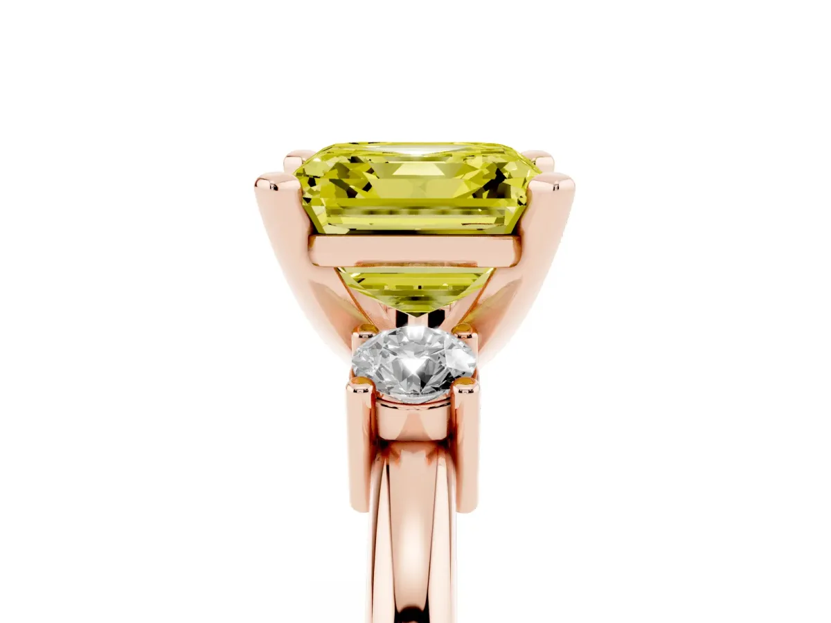 Fancy Yellow Three-Stone Asscher Cut Cut Diamond Solitaire with Prong Setting and Classic Band Rose gold