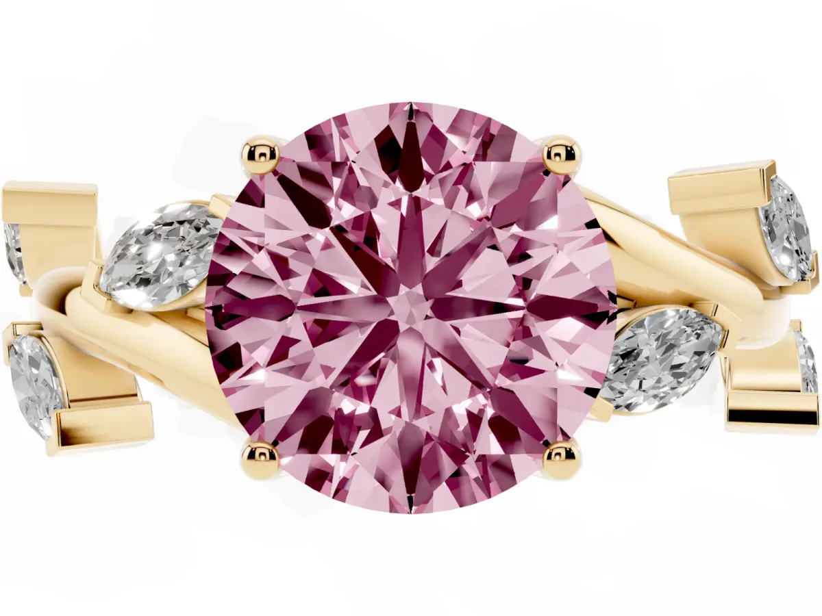 Fancy Pink Round Cut Solitaire Twisted Band Marquise Accent Prong Setting Ring Yellow gold