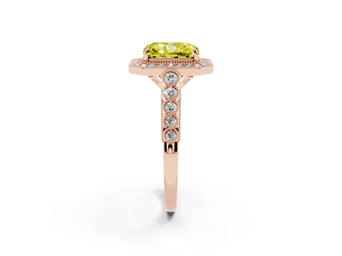 Fancy Yellow Radiant Cut Halo Milgrain Solitaire with Bezel Set Side Stones and Pave Band Rose gold