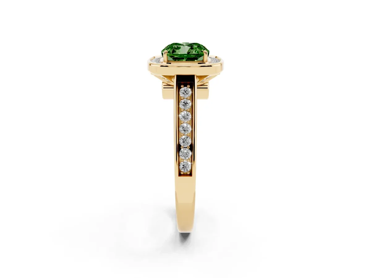 Fancy Green Cushion Cut Halo Solitaire Diamond Ring with Pave Band and Bezel Setting Yellow gold
