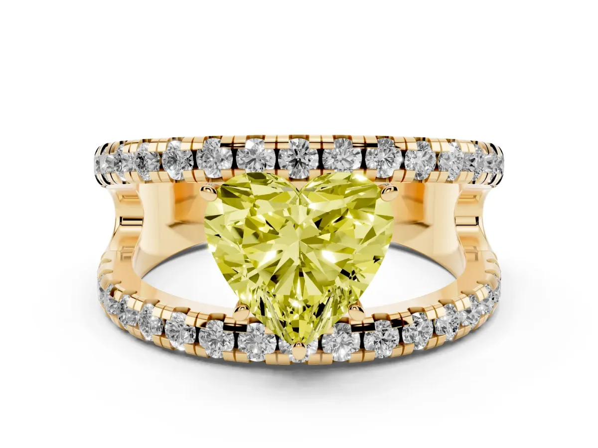 Fancy Yellow Heart Cut Solitaire Split Shank Pave Diamond Ring Yellow gold