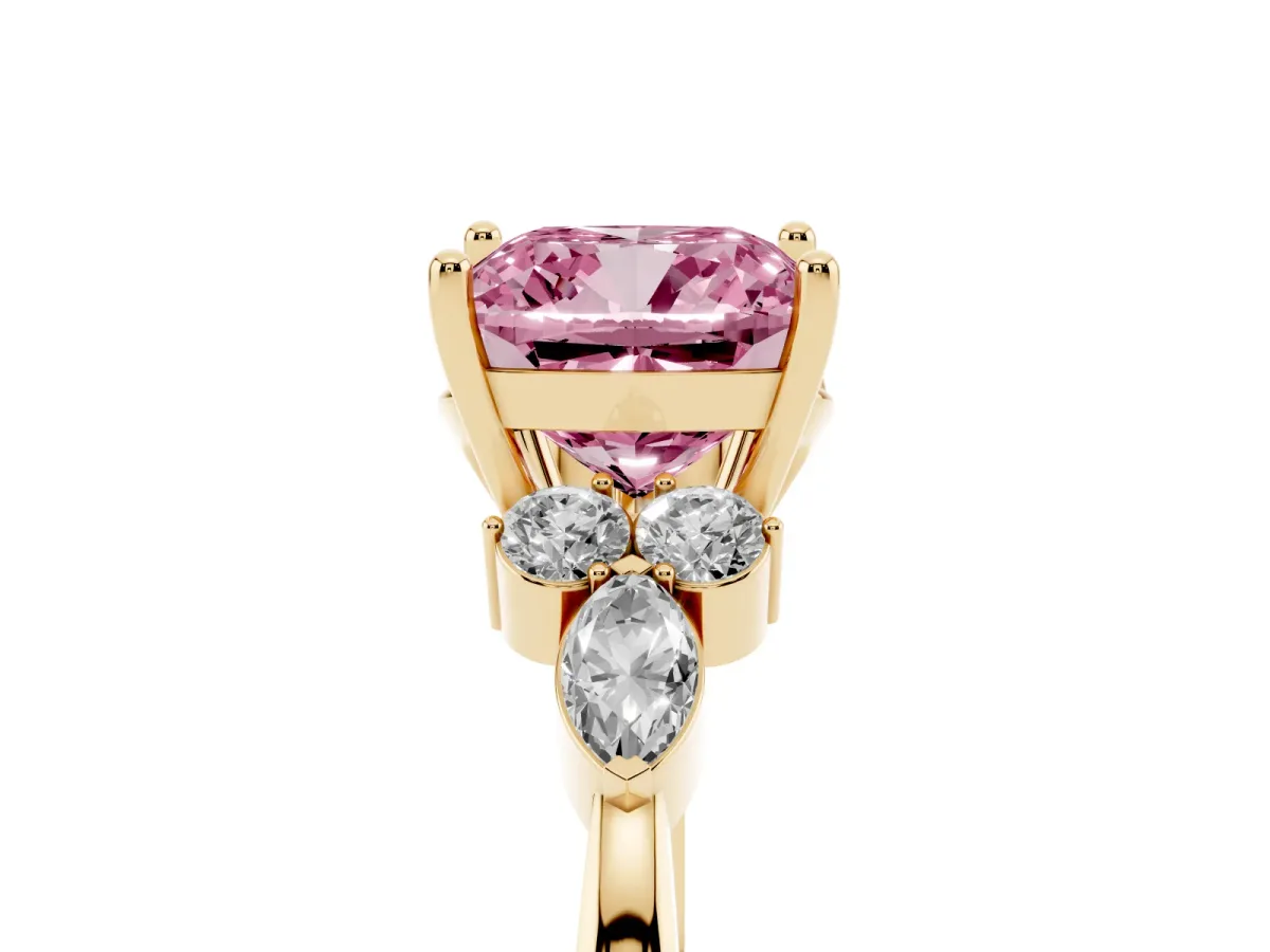 Fancy Pink Cushion Cut Brilliant Diamond Solitaire Ring with Pear Side Stones and Four-Prong Setting Yellow gold