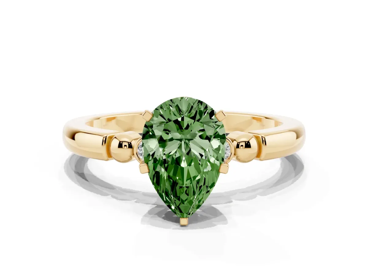 Fancy Green Pear Cut Solitaire Beaded Band with Four-Prong Setting Yellow gold