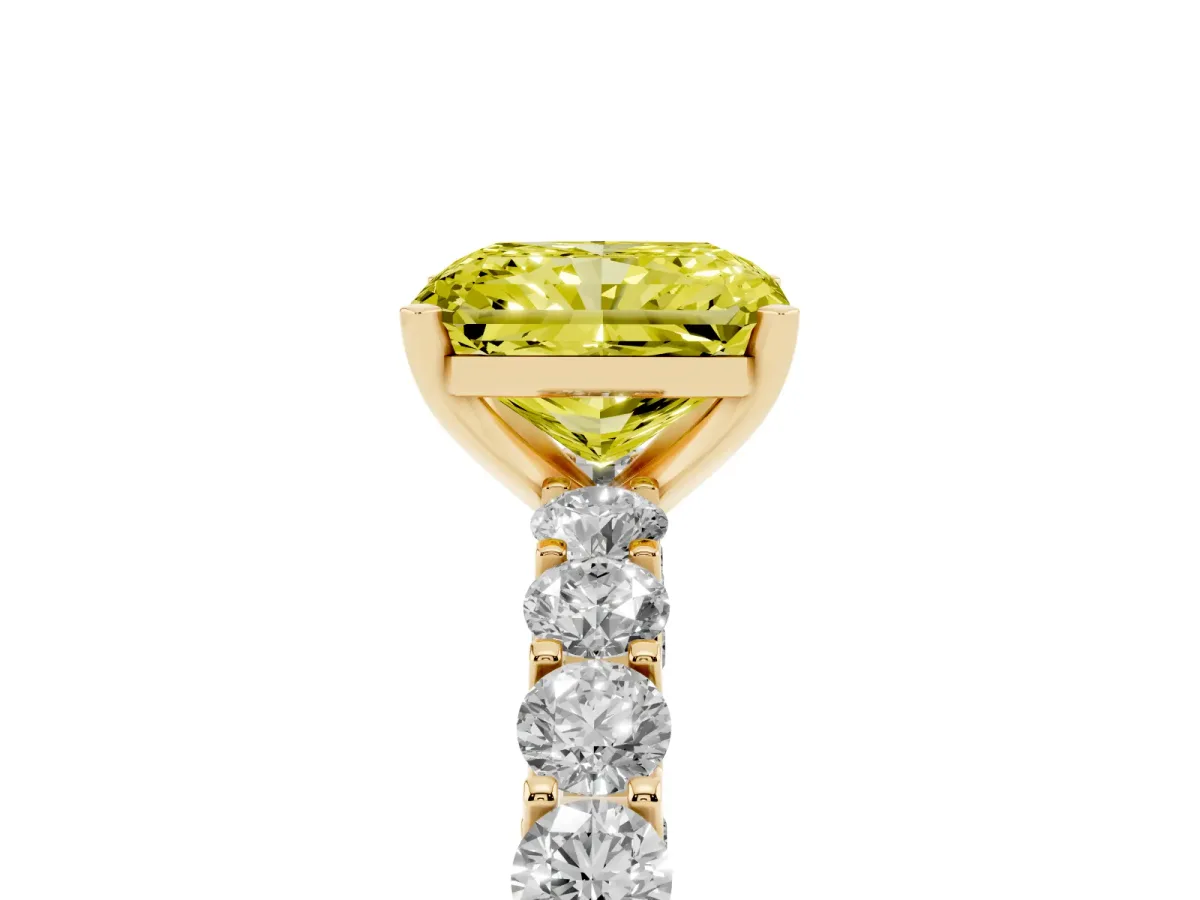 Fancy Yellow Radiant Cut Diamond Solitaire Ring with Shared Prong Pavé Band and Four-Prong Setting Yellow gold