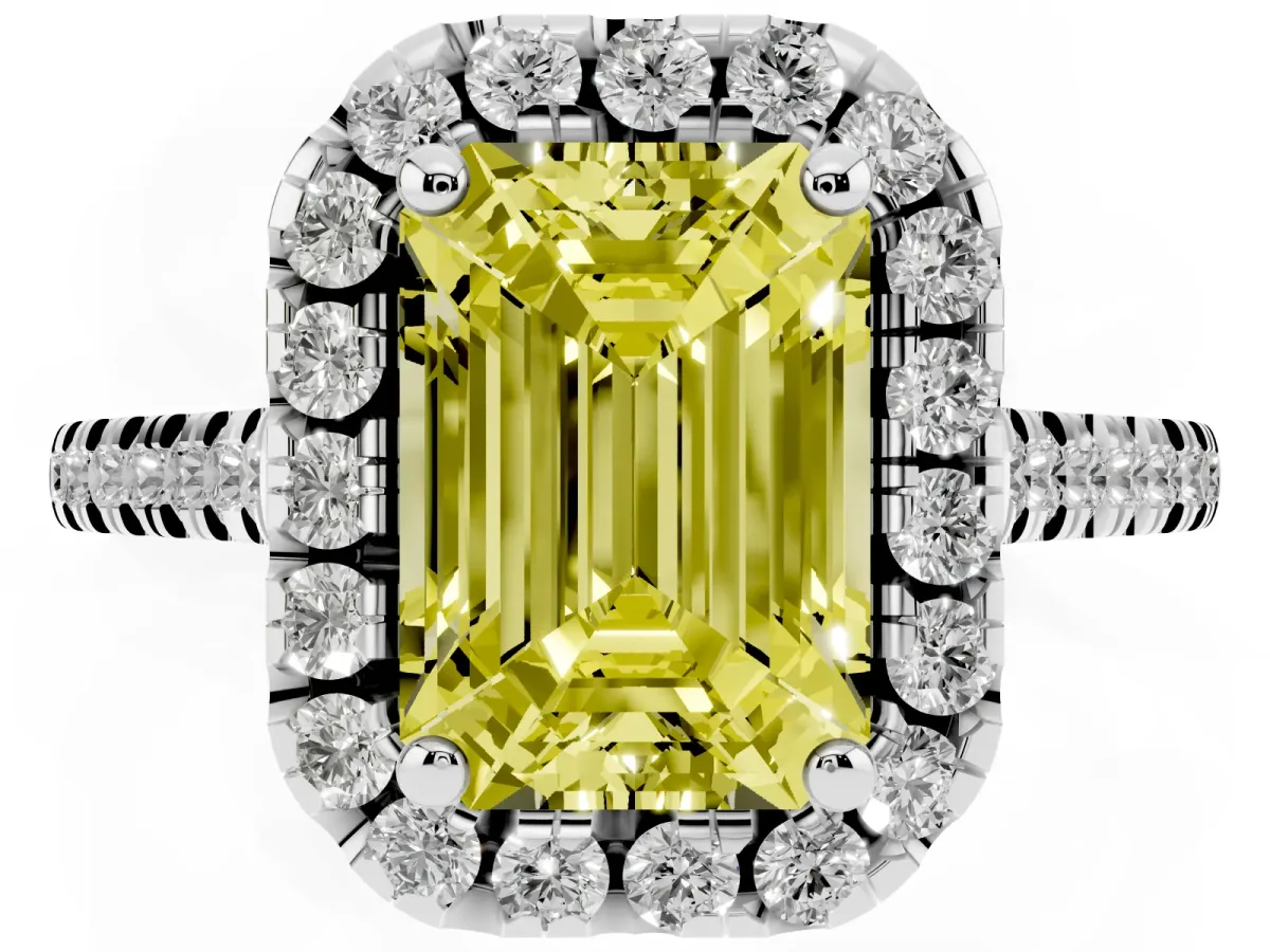 Fancy Yellow Emerald Cut Diamond Cushion Halo Ring with Pavé Band Silver
