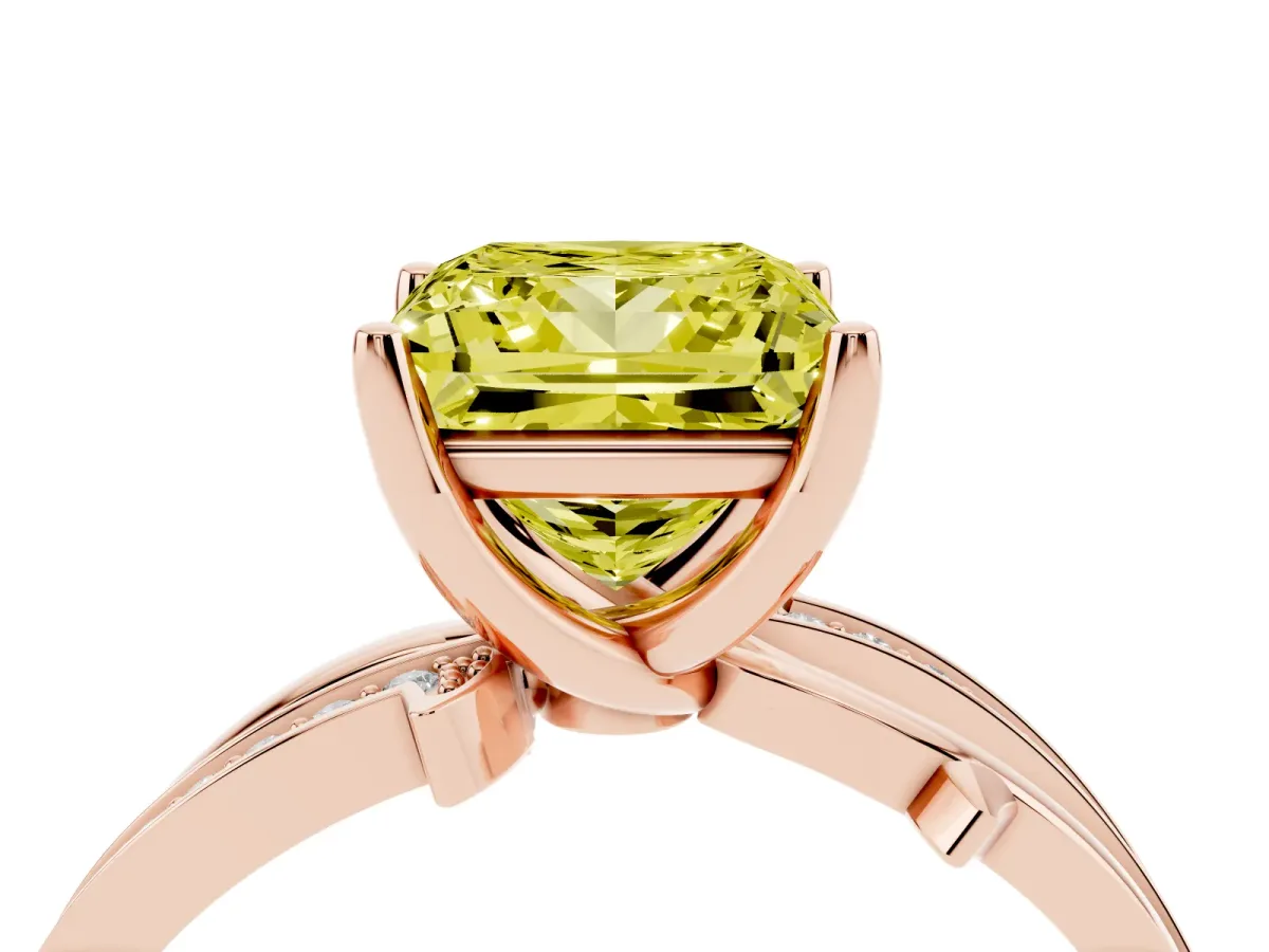 Fancy Yellow Princess Cut Solitaire Twist Band with Pavé Accents and Four-Prong Setting Rose gold