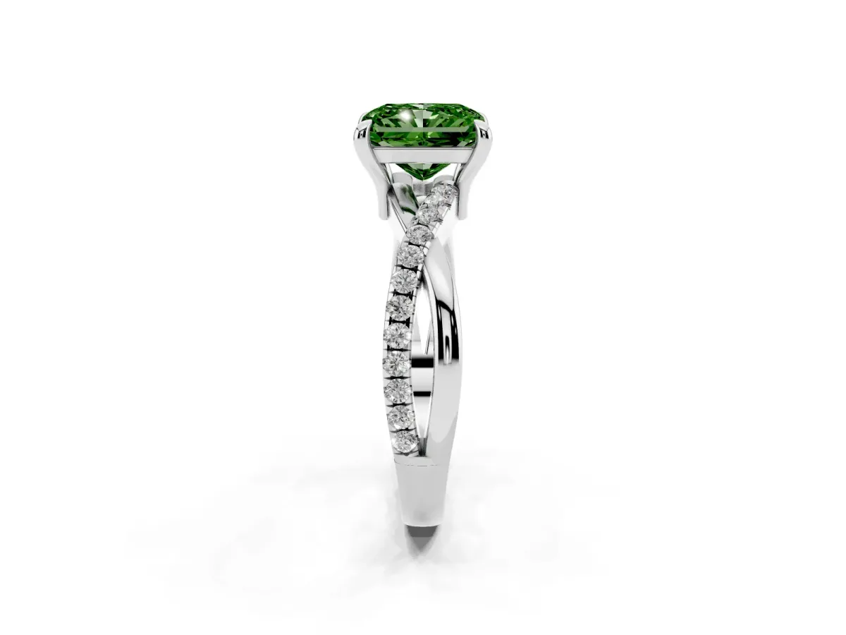 Fancy Green Radiant Cut Cut Diamond Twist Band Solitaire with Prong Setting Silver