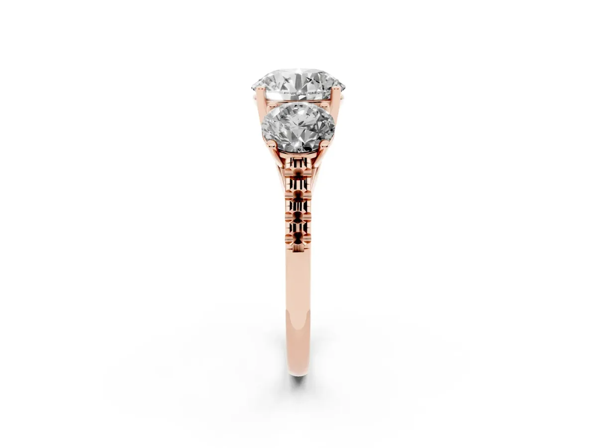 Three-Stone Round Cut Diamond Ring with Round Pavé Band and Prong Setting Rose gold