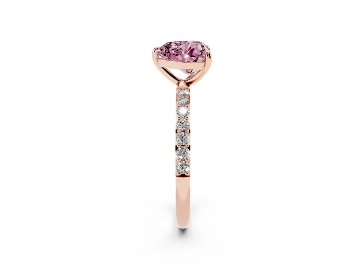 Fancy Pink Heart Cut Diamond Solitaire Ring with Round Pavé Band and Prong Setting Rose gold