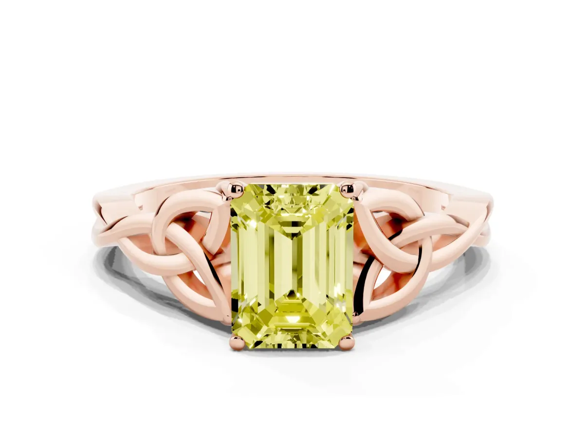 Fancy Yellow Emerald Cut Diamond Solitaire Engagement Ring with Celtic Knot Band and Four-Prong Setting Rose gold