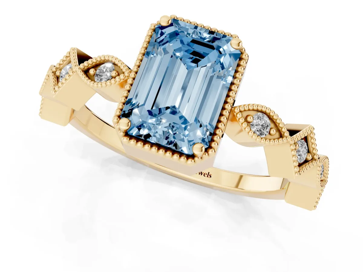 Fancy Blue Emerald Cut Milgrain Marquise Diamond Twist Band Ring Yellow gold