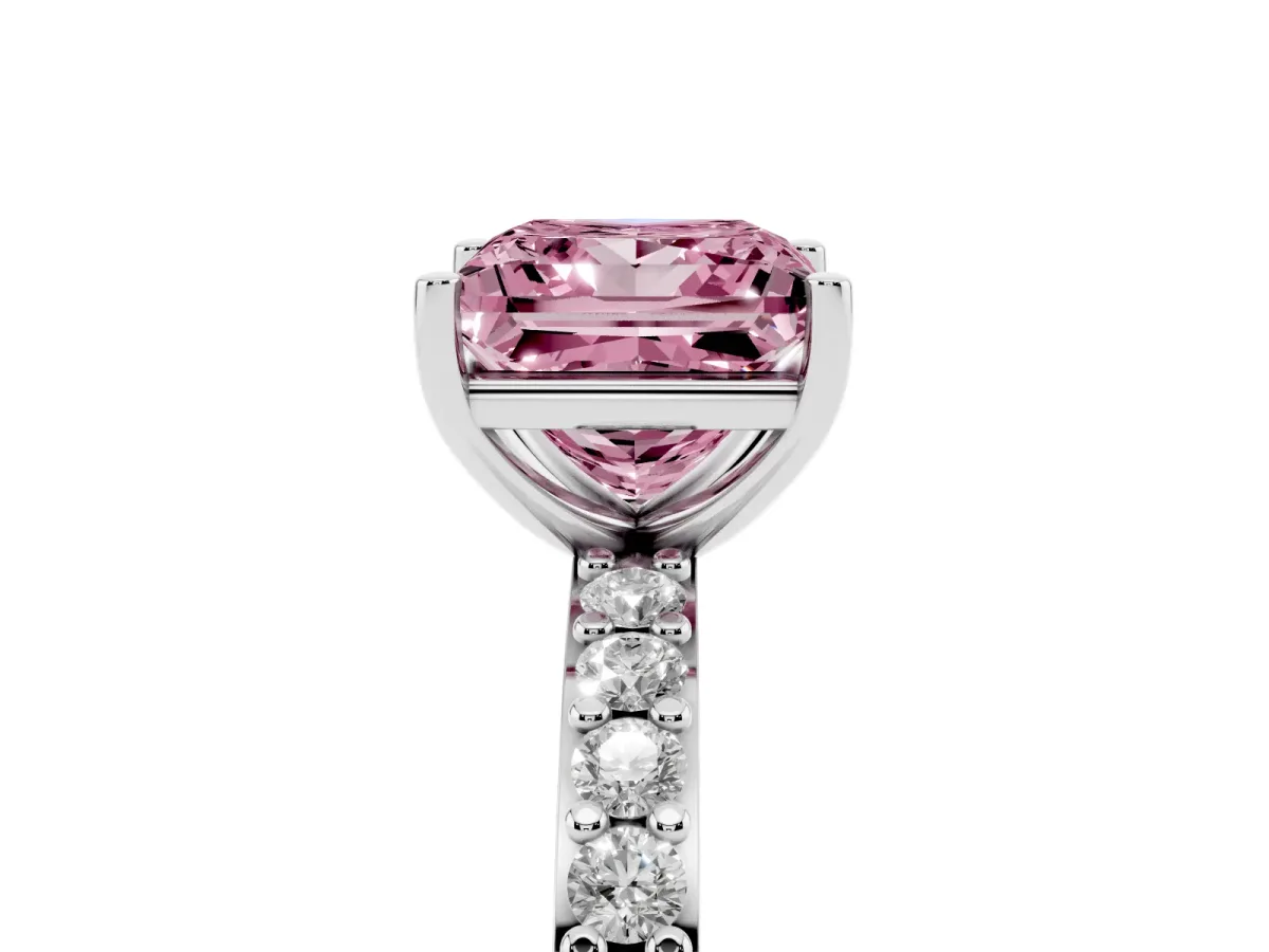 Fancy Pink Princess Cut Cut Diamond Solitaire with Pave Band and Four-Prong Setting Silver