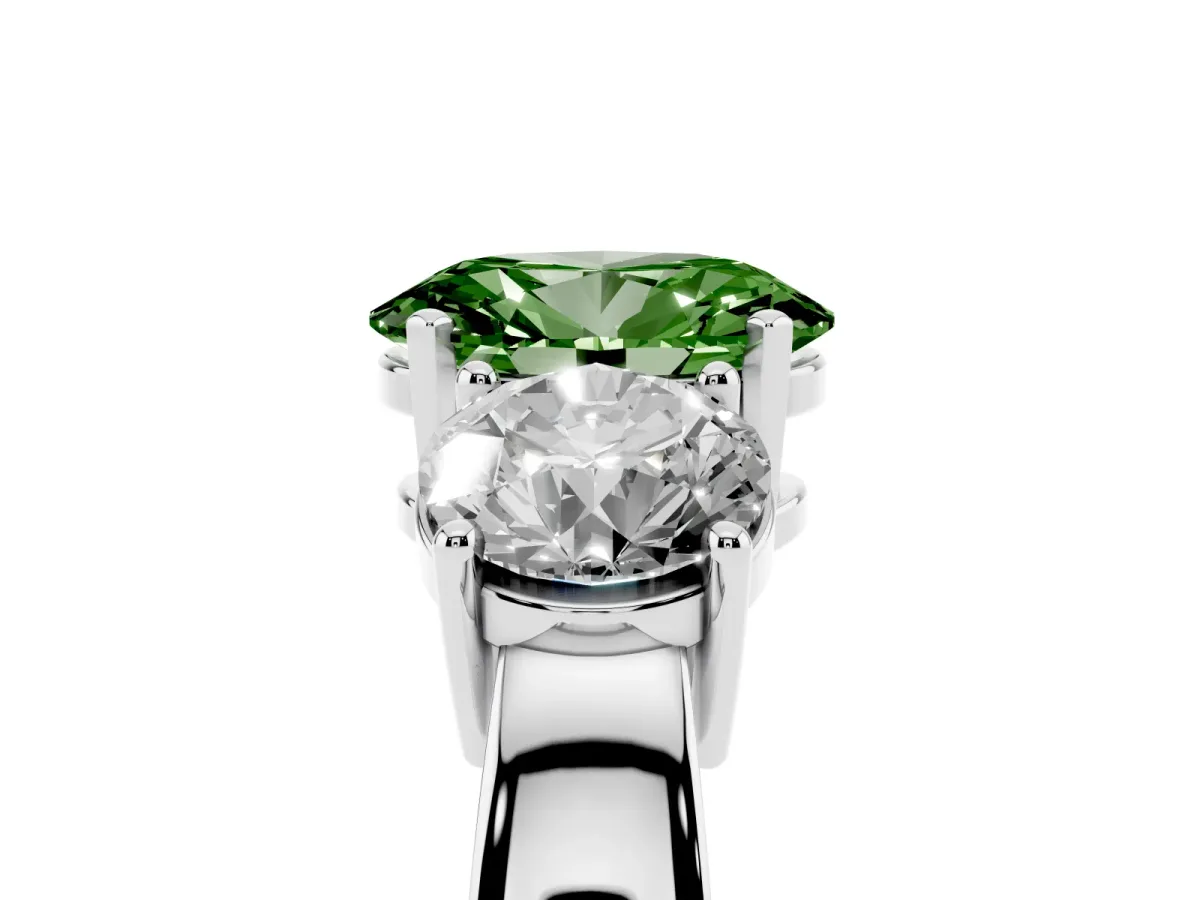 Fancy Green Three-Stone Oval Cut Diamond Ring with Round Side Stones, Classic Band, and Four-Prong Setting Silver