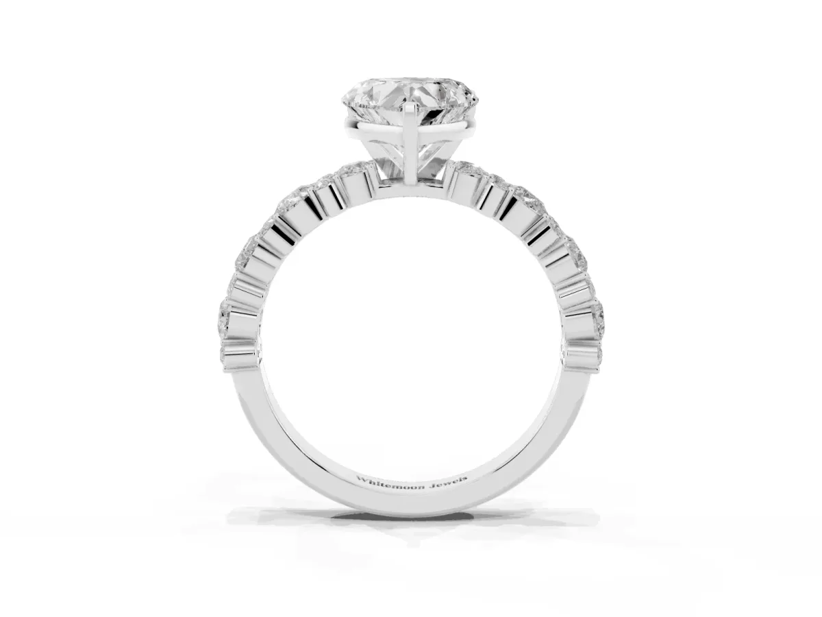 Heart Cut Diamond Side Stone Solitaire Ring with Round and Four-Prong Setting White gold