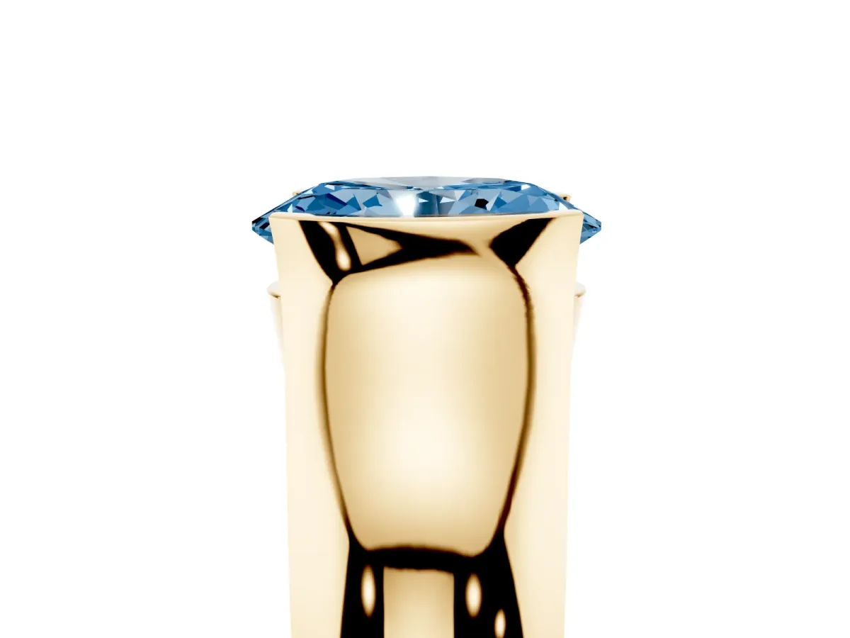 Fancy Blue Oval Cut Solitaire Bezel Set Diamond Ring with Wide Band Yellow gold