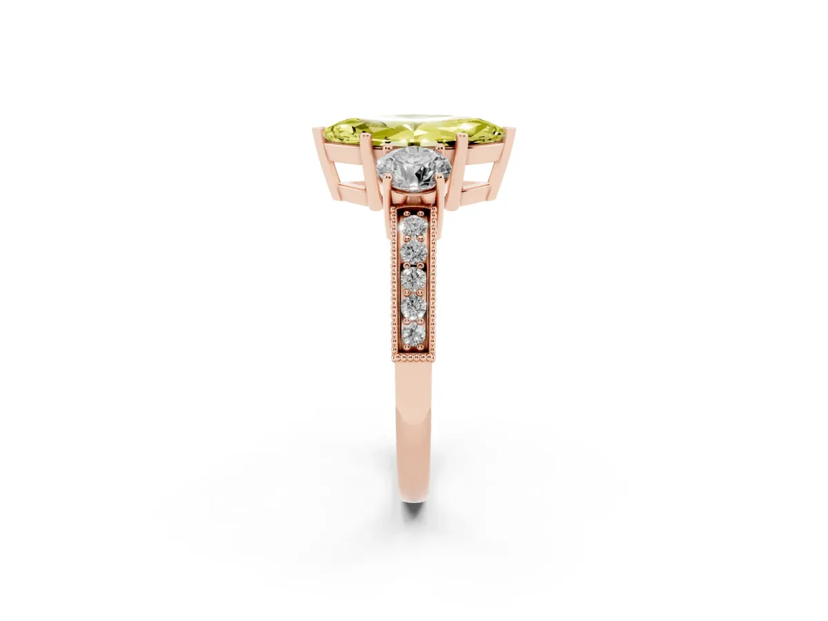 Fancy Yellow Marquise Cut Three-Stone Diamond Ring with Pavé Band and Four-Prong Setting Rose gold