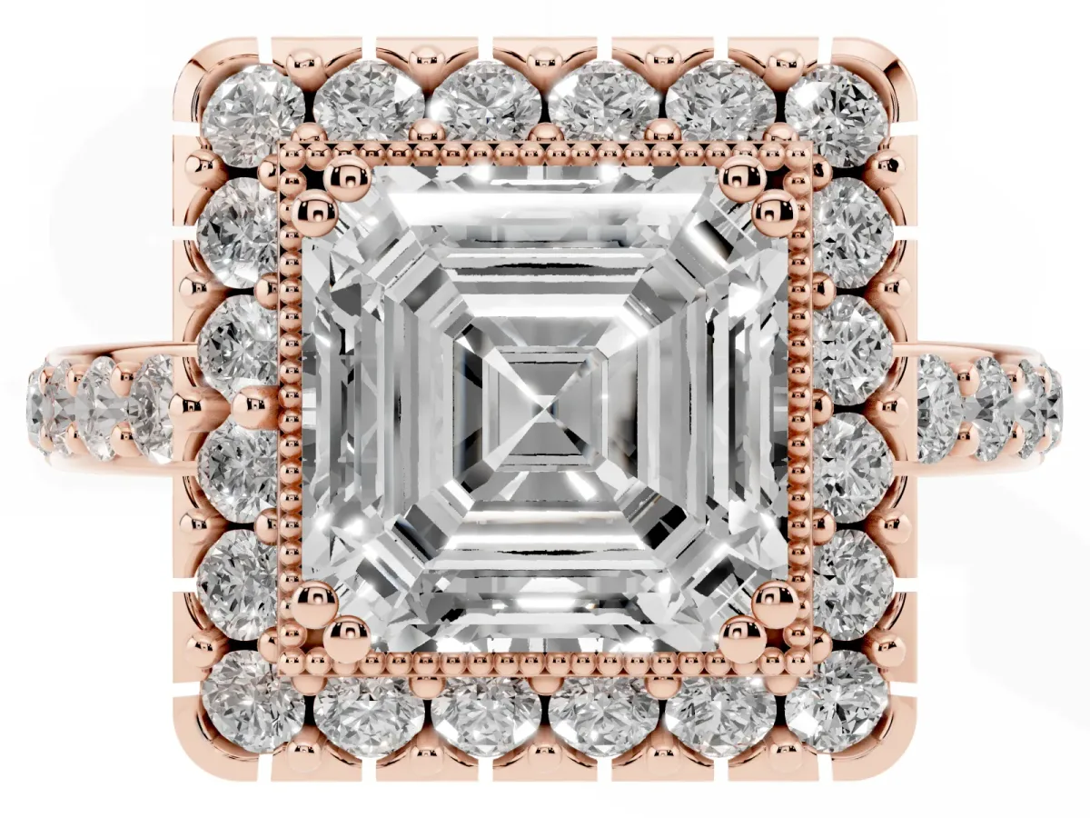 Asscher Cut Diamond Halo Ring with Pavé Band and Prong Setting Rose gold
