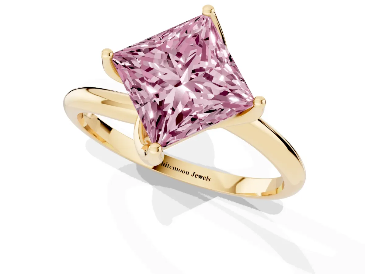 Fancy Pink Princess Cut Diamond Solitaire Engagement Ring with Four-Prong Setting and Classic Band Yellow gold