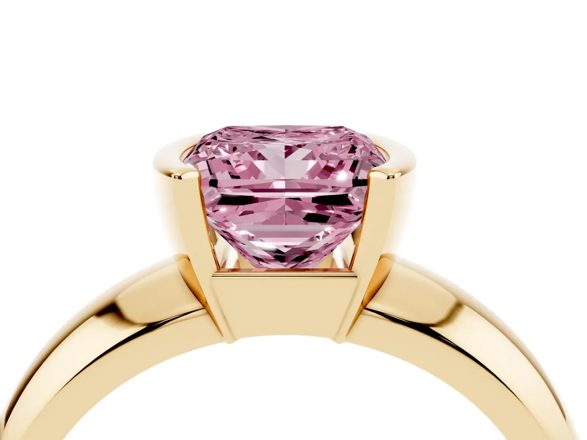 Fancy Pink Princess Cut Solitaire Tension Set Diamond Ring with Wide Band Yellow gold