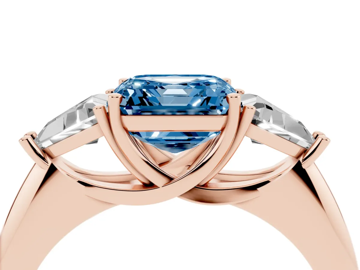 Fancy Blue Three-Stone Asscher Cut Diamond Engagement Ring with Trillion Side Stones and Prong Setting Rose gold