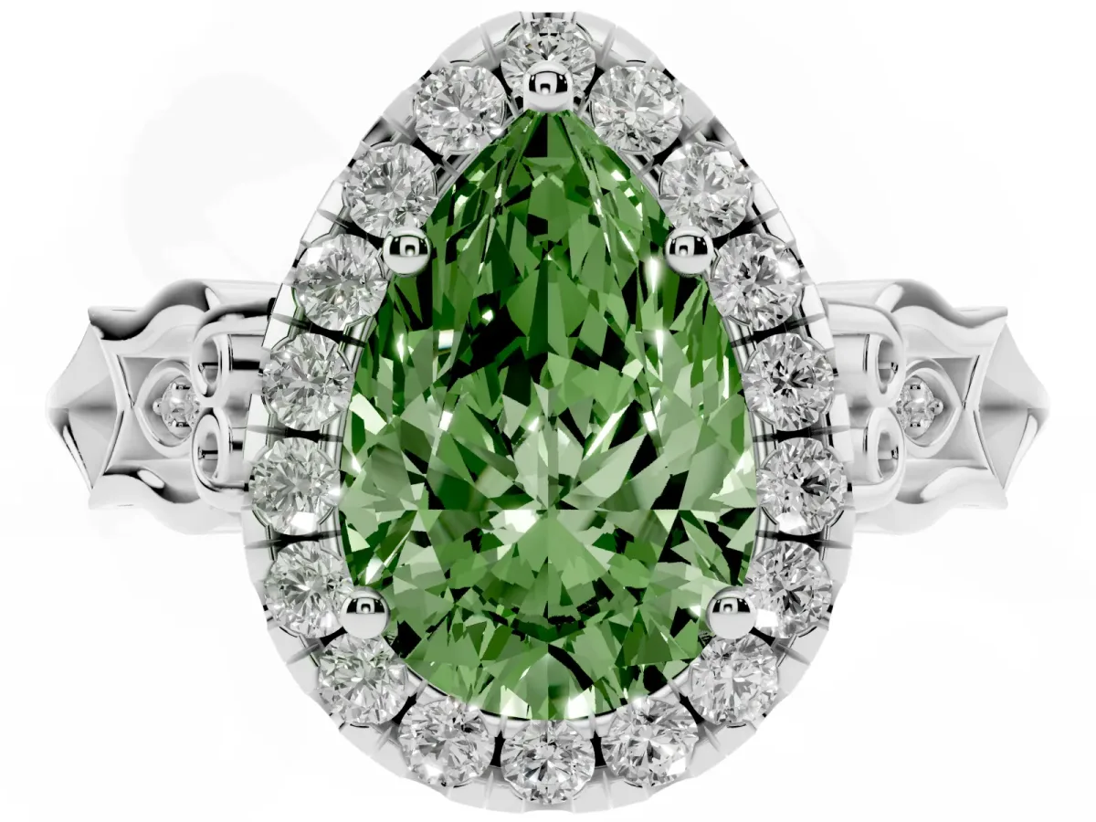 Fancy Green Pear Cut Halo Diamond Engagement Ring with Filigree Band and Four-Prong Setting White gold