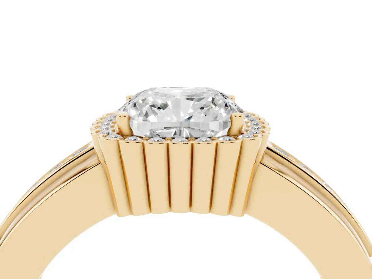 Cushion Cut Cut Halo Pave Band Four-Prong Ring Yellow gold