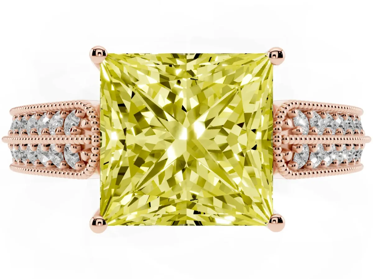Fancy Yellow Princess Cut Cut Pave Split Shank Engagement Ring with Four-Prong Setting Rose gold
