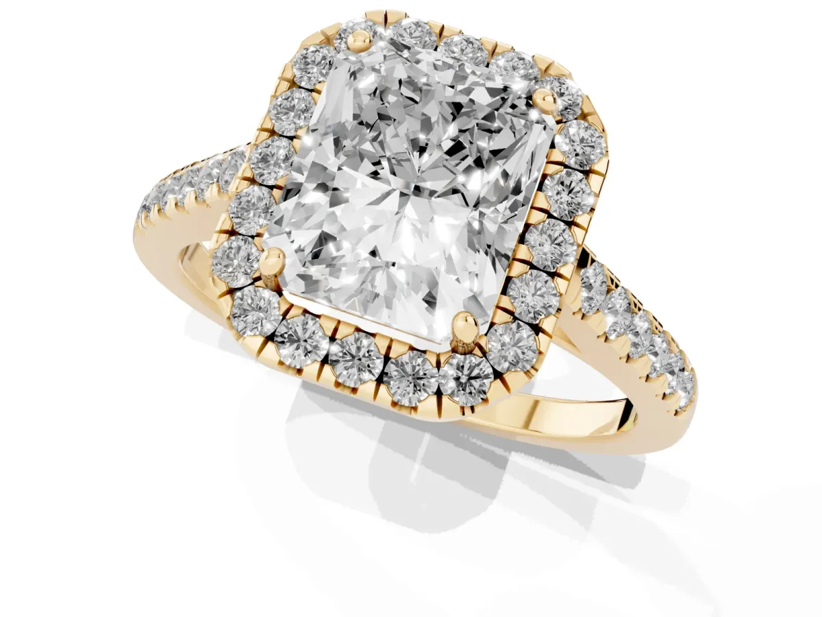 Radiant Cut Halo Pave Diamond Engagement Ring with Four-Prong Setting Yellow gold