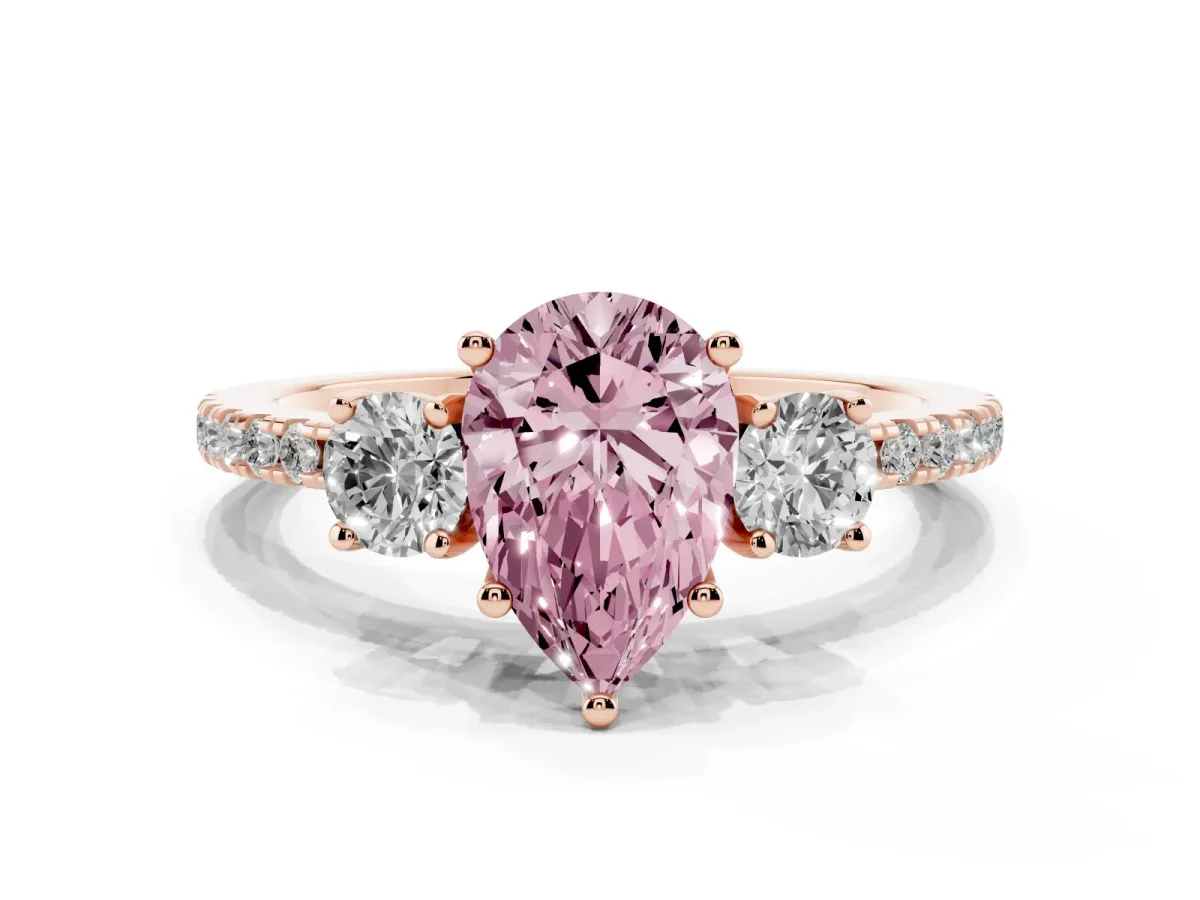 Fancy Pink Three-Stone Pear Cut Cut Diamond Pavé Band with Prong Setting Rose gold