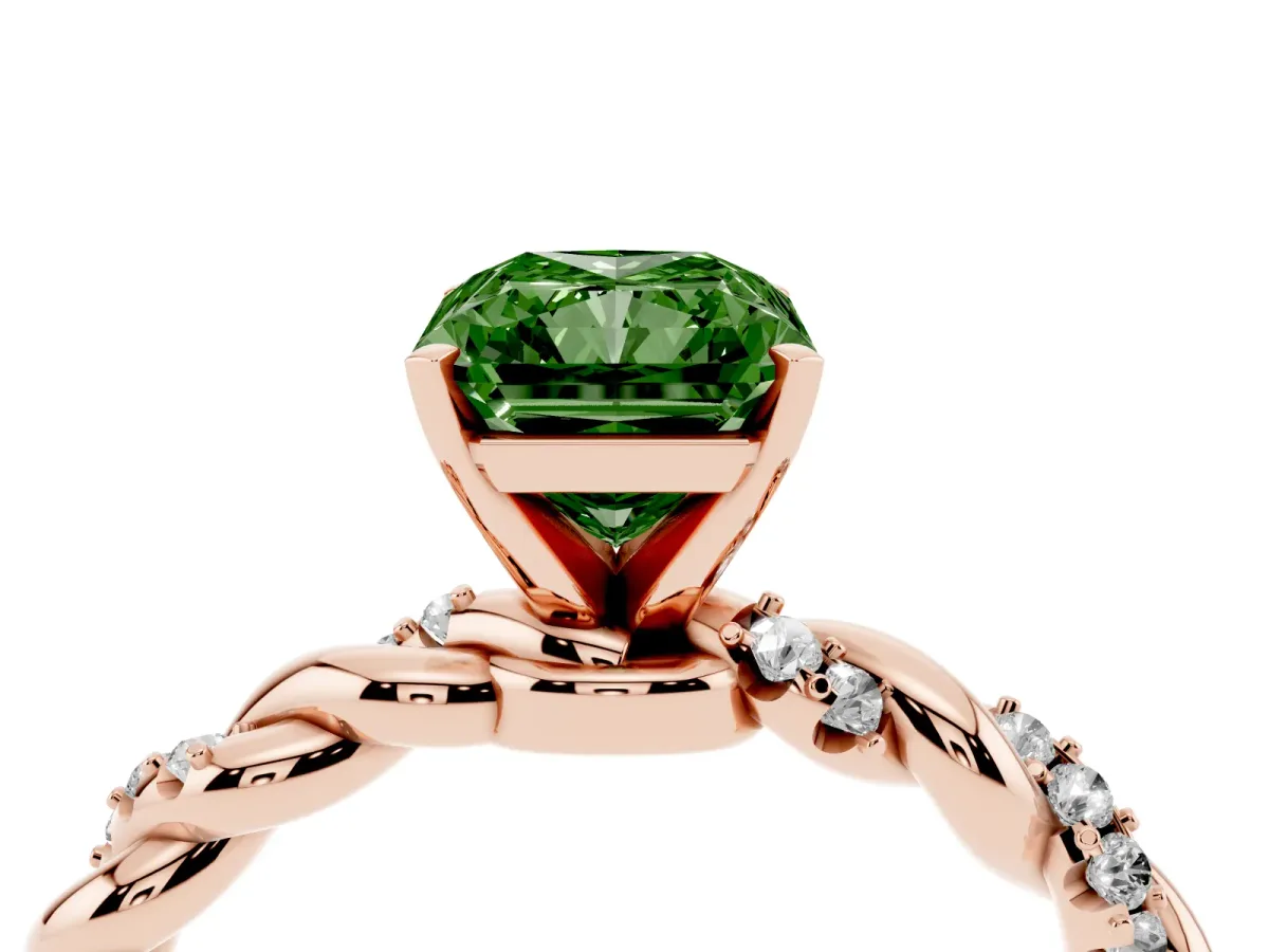 Fancy Green Radiant Cut Diamond Solitaire Ring with Twisted Band and Pavé Accents Rose gold