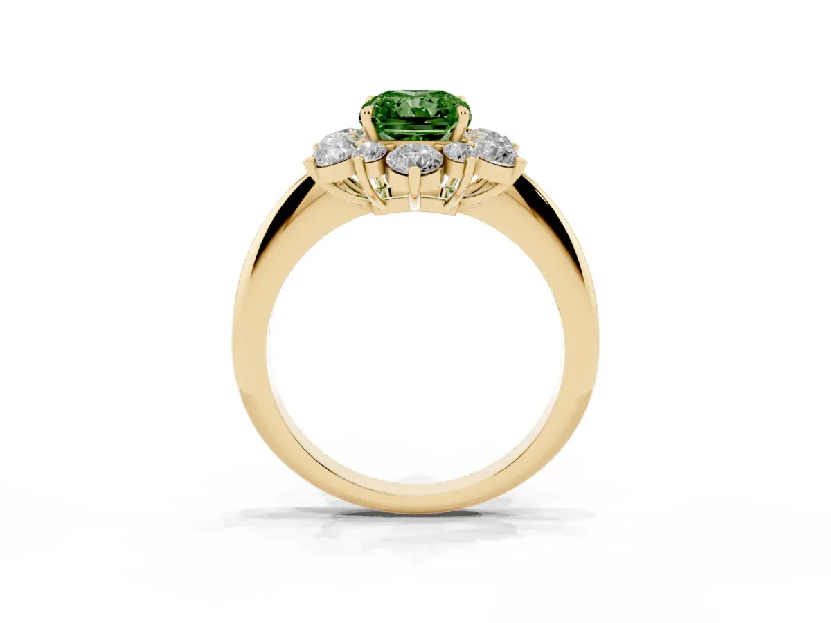 Fancy Green Radiant Cut Diamond Cluster Halo Ring with Solitaire Band and Four-Prong Setting Yellow gold