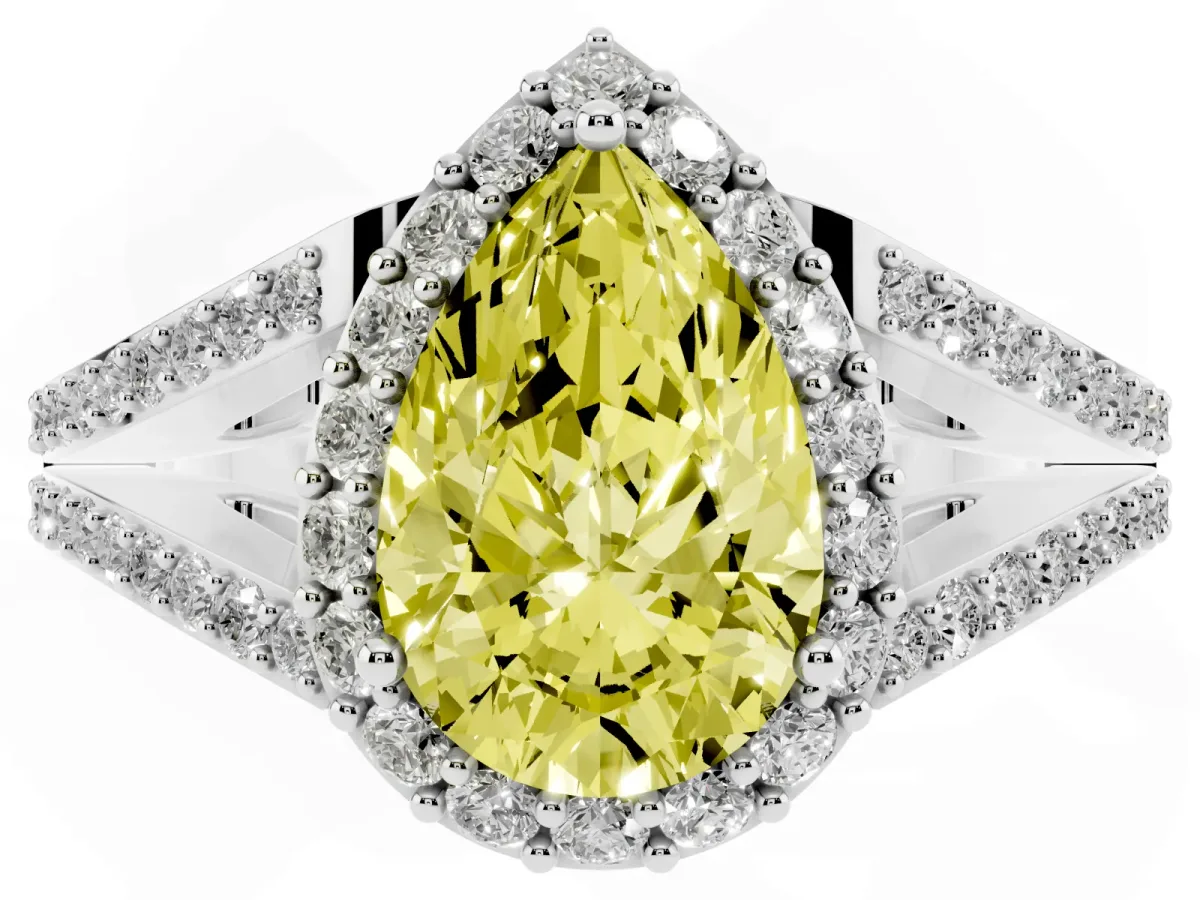 Fancy Yellow Pear Cut Halo Split Shank Diamond Ring with Prong Setting Silver