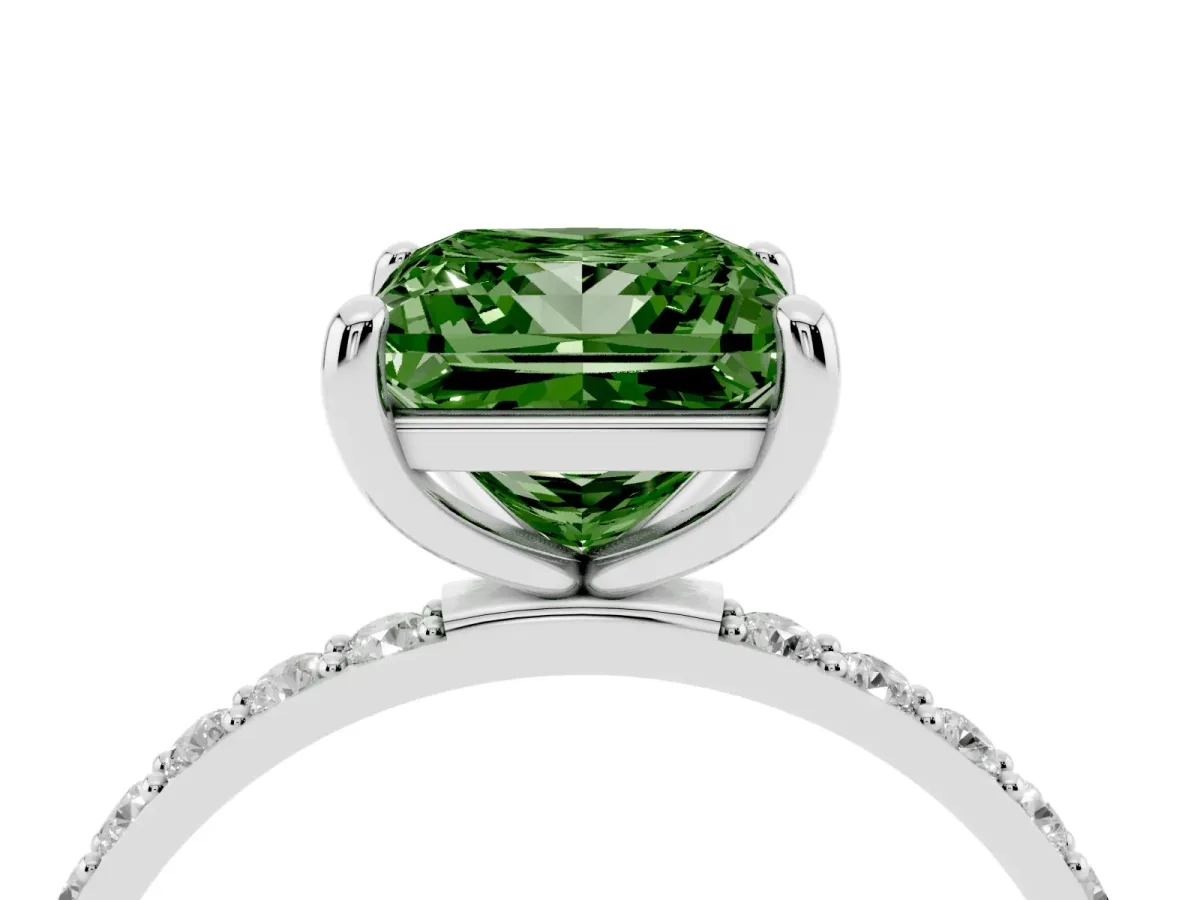 Fancy Green Princess Cut Diamond Solitaire Ring with Round Pavé Band and Prong Setting Silver