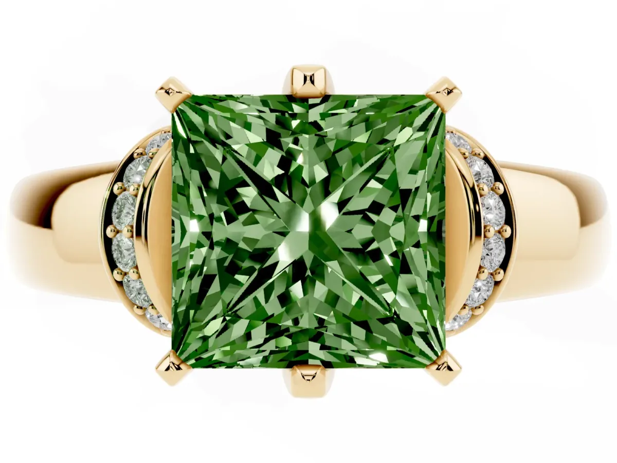 Fancy Green Princess Cut Solitaire Diamond Ring with Pave Band and Six-Prong Setting Yellow gold